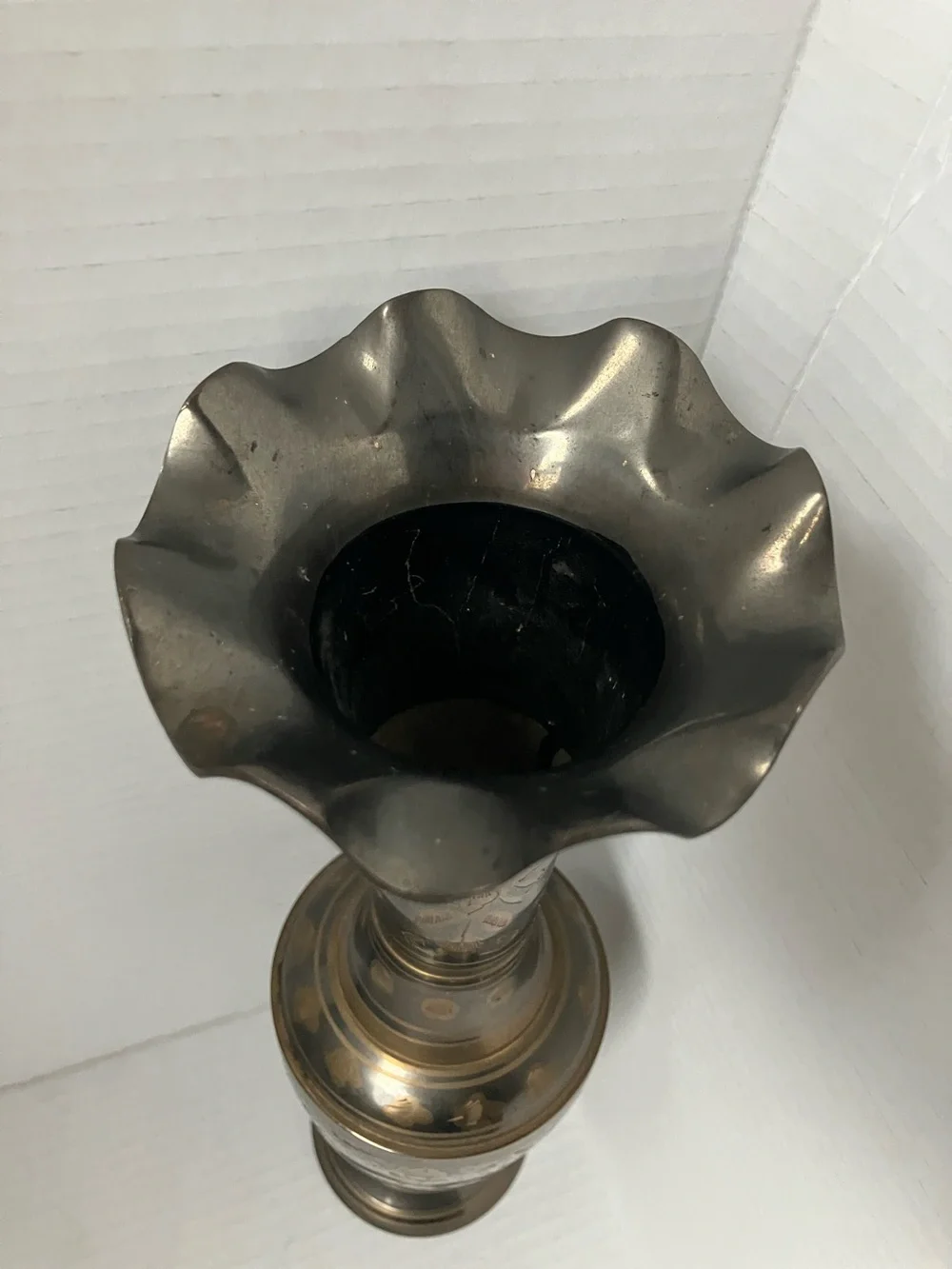 Vintage Brass and Black Floral Etched Vase Scalloped Top 13 Inch 1970’s Decor